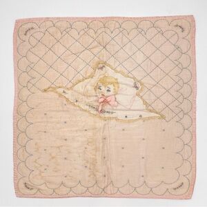 Vintage Baby Quilt Blanket Wounded Bird Handmade Embroidered Peach Pink Bow Girl